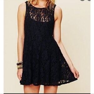 Free People Miles of Lace Navy Skater Dress